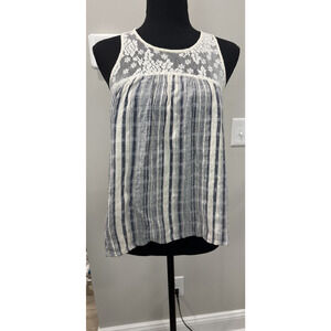 Boho Chloe & Katie Lace Linen-Looking Tank Top Stripes Neutral Ivory Blue Medium